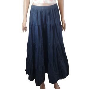 Vintage Kayo of California  L Tiered Denim Maxi Skirt Boho Prairie hippie USA